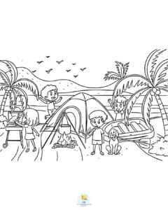 Camping at beach coloring page