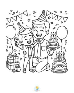 Father son birthday celebration coloring page