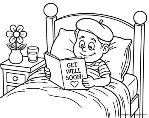 Boy Reading Get Well Soon Card Coloring Page