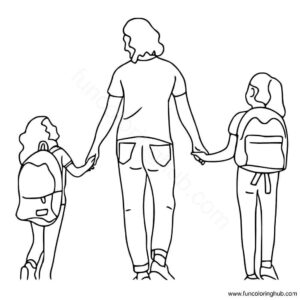 Mother taking kids to school coloring page Mother taking kids to school coloring page