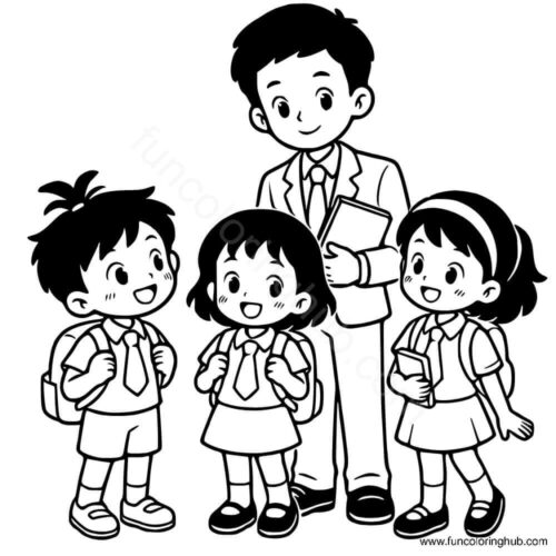 Pupils with teacher coloring page Pupils with teacher coloring page