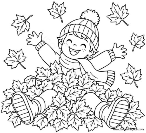Boy jumping in leaves Boy jumping in leaves coloring image